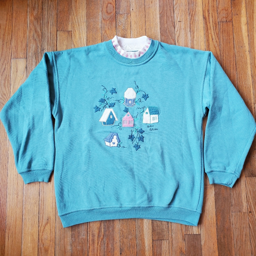 Vintage Birdhouse Faux Double‎ Collar Cottagecore Grandma Sweatshirt Size Med